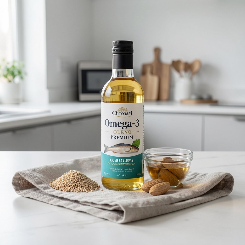 Butelka oleju rybnego i składniki Omega-3 Premium ułożone na lnianej serwecie