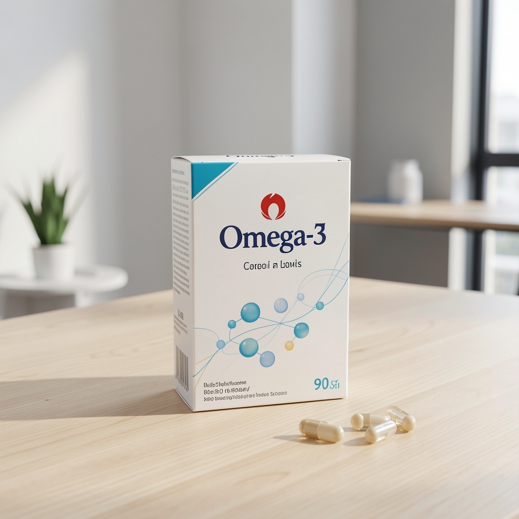 Eleganckie opakowanie Omega-3 Premium Bravona z 90 kapsułkami na jasnym drewnianym stole